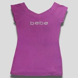 BEBE RARE Y2K BARBIECORE RIBBED RHINESTONE V-NECK LOGO BABYDOLL T-SHIRT PINK - L